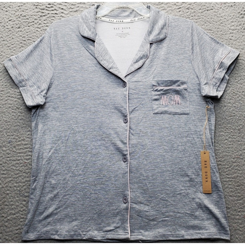 Rae Dunn Sleep Shirt Womens M Heather Gray Pipe Trim Notch Collar Button Front